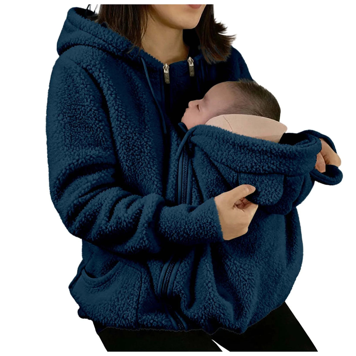 Cappotto con cappuccio in caldo pile 2 in 1 con marsupio Felpa in peluche a maniche lunghe in pelliccia sintetica Giacca con cappuccio per mamma all'aperto Borsa per bambini