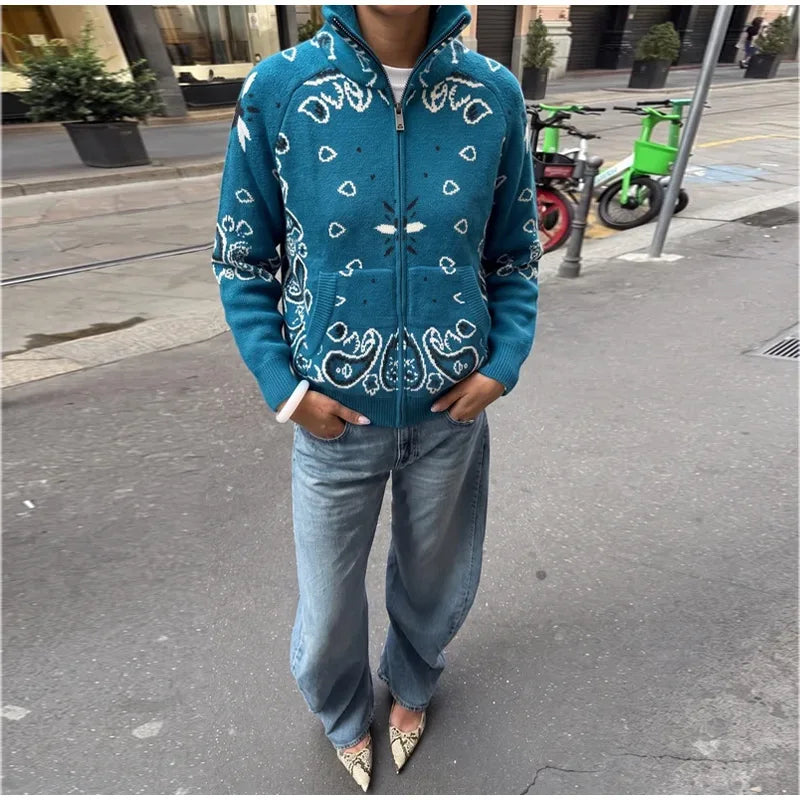 Cardigan da Donna in Maglia Stampata Casual, Maniche Lunghe, Cerniere, Colletto Alto, Tasche, Cappotti Autunno 2026, Abbigliamento Femminile Chic da Strada