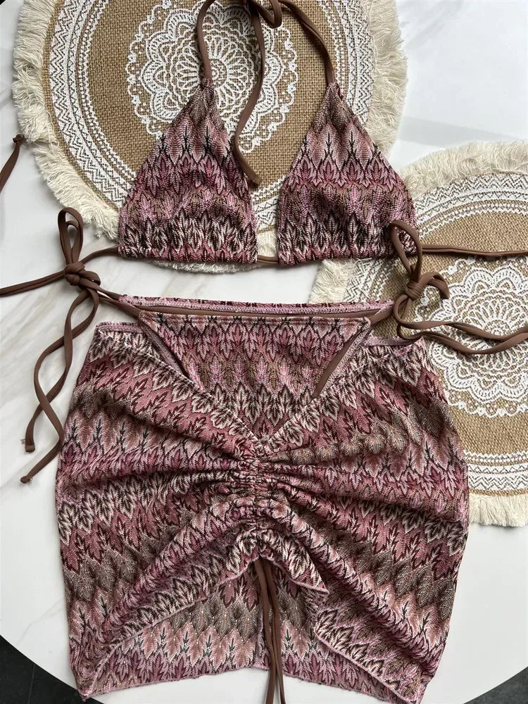 Costume da bagno donna Gonna bikini lavorata a maglia con foglie d'acero colorate Set tre pezzi Costume da bagno diviso Bikini