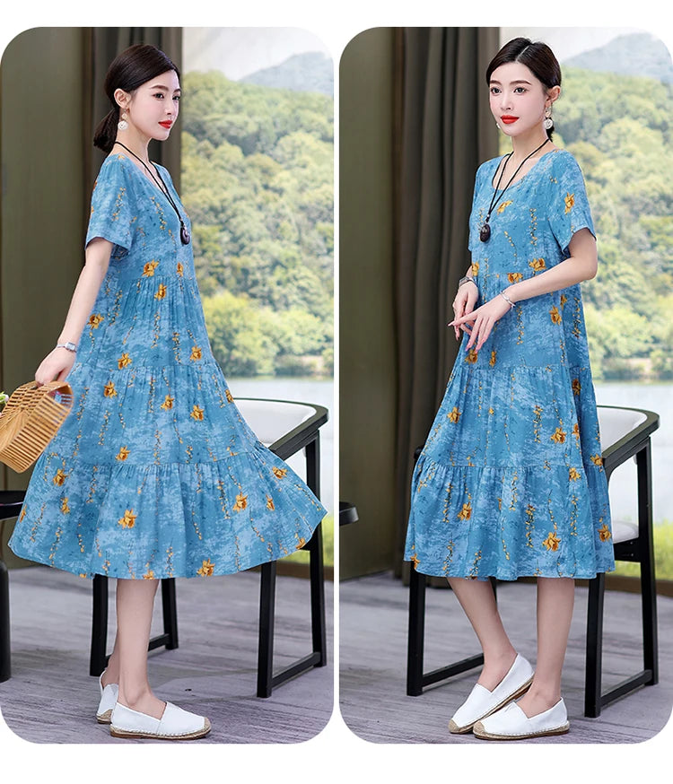 Nuovo Vestito Delle Donne di Estate Vestito Estivo 2024 Casual abito a maniche corte Abiti Femminili O-Collo Robe Abiti della Boemia di Grandi Dimensioni