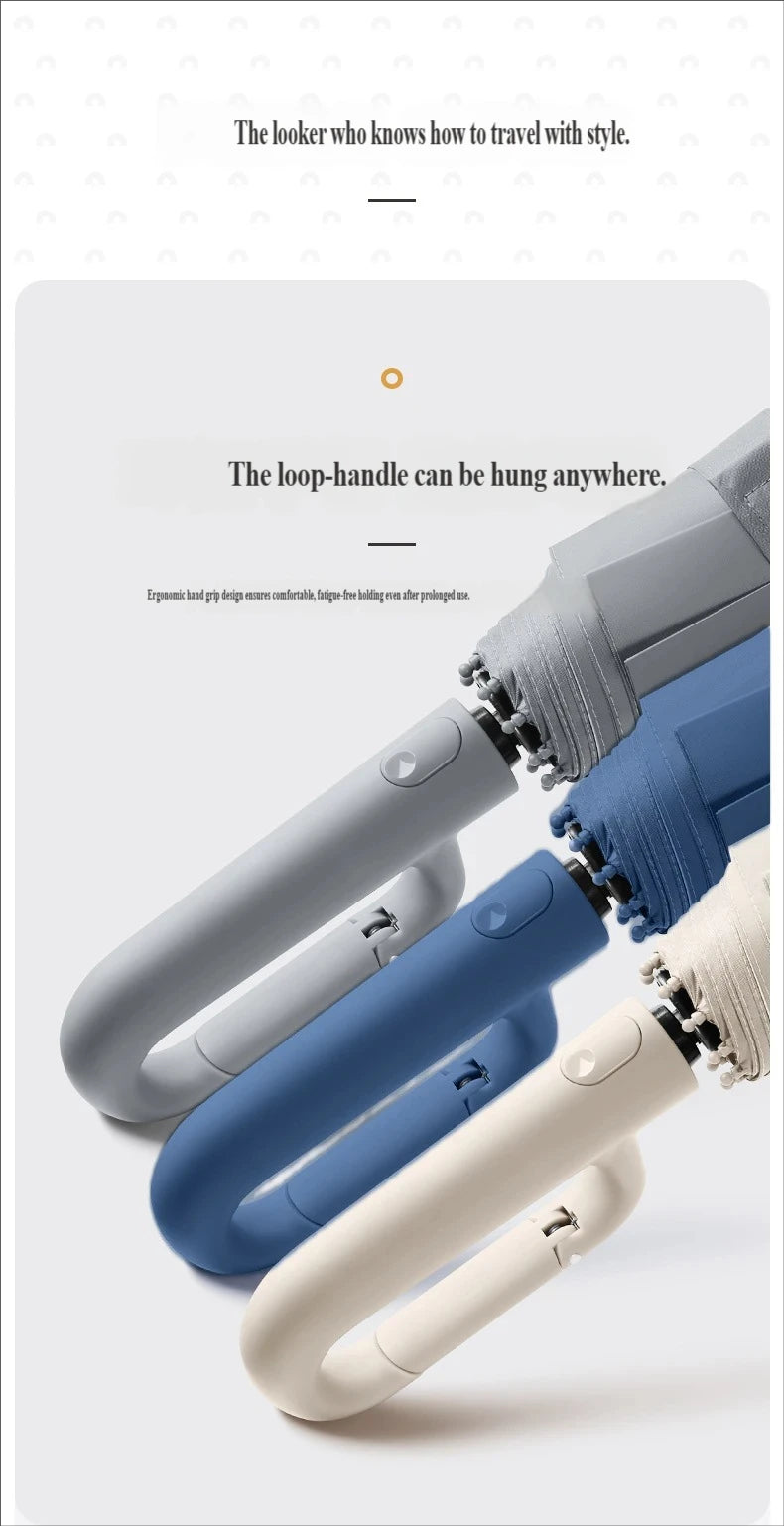 Grande Ombrello Pieghevole Automatico con Fibbia ad Anello, Personalizzabile per Aziende, Antivento con Rivestimento Nero, Doppio Uso Sole e Pioggia