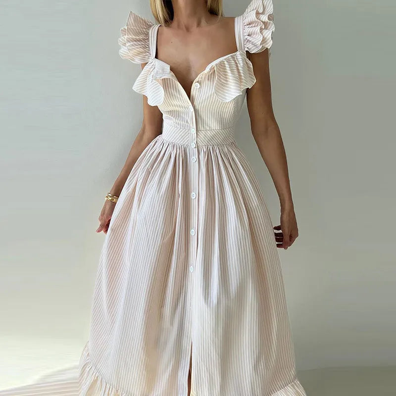 BKQU Abito lungo elegante con maniche volanti a righe con volant Abito lungo da donna chic con colletto quadrato sottile monopetto Abito lungo da festa estivo femminile