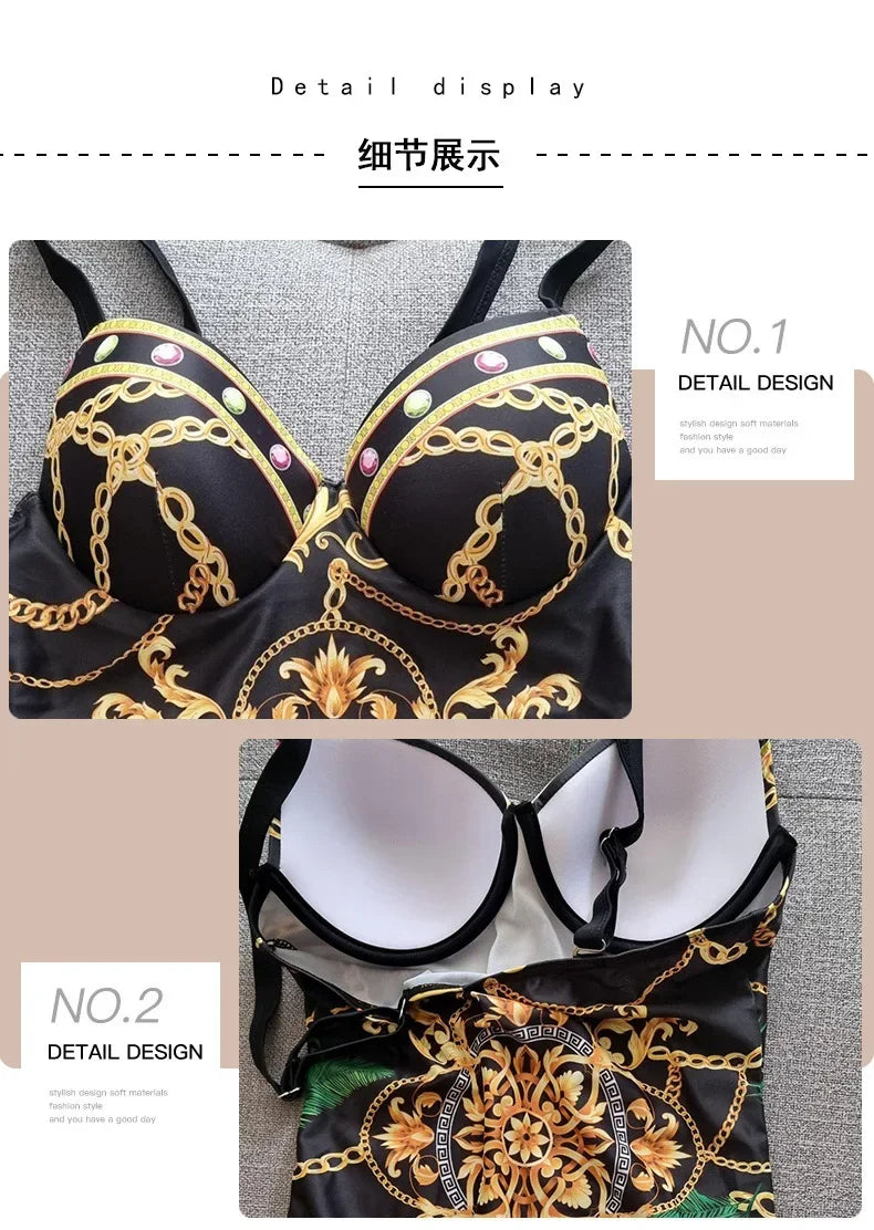 2025 Women One Piece Wired Monokini + Wrapped Skirt Black/Blue/Green Chain Printed Sexy Slim Fit Hanging Straps Hard Pack Bikini
