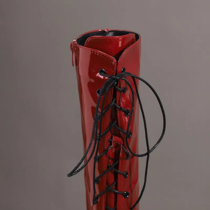 Sexy Lace Up Platform Long Boots Women Thick Gothic Heels High Knee Boot Winter Red Black Green Fetish Party Shoes Large Size 48