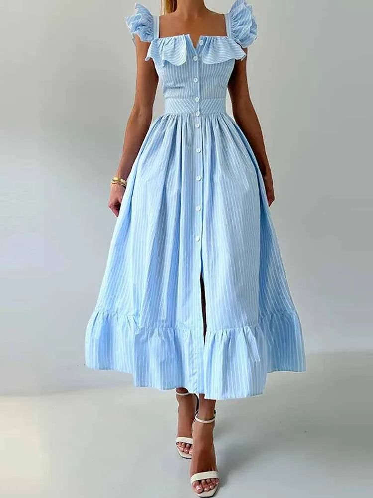 BKQU Abito lungo elegante con maniche volanti a righe con volant Abito lungo da donna chic con colletto quadrato sottile monopetto Abito lungo da festa estivo femminile