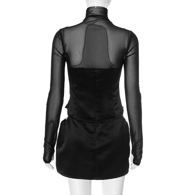 DSMTRC Donna Moda Collo alto Abito Maglia Manica lunga Mini abito Party Evening Club Abiti Sexy Cut-Out Corsetto Abiti aderenti