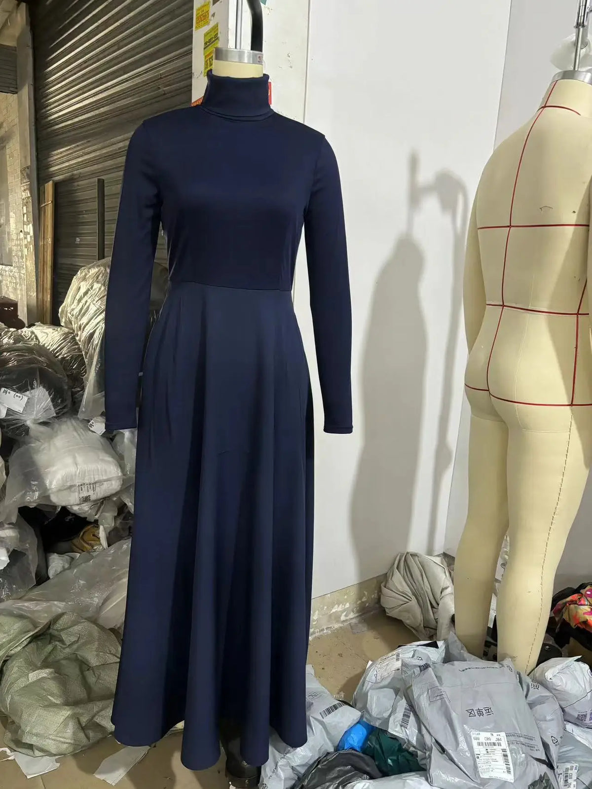 Abito Cerimonia Donna Tinta unita Collo alto Manica lunga Vita Abito Donna Autunno Inverno Orlo Abito lungo Abiti Formales Mujer