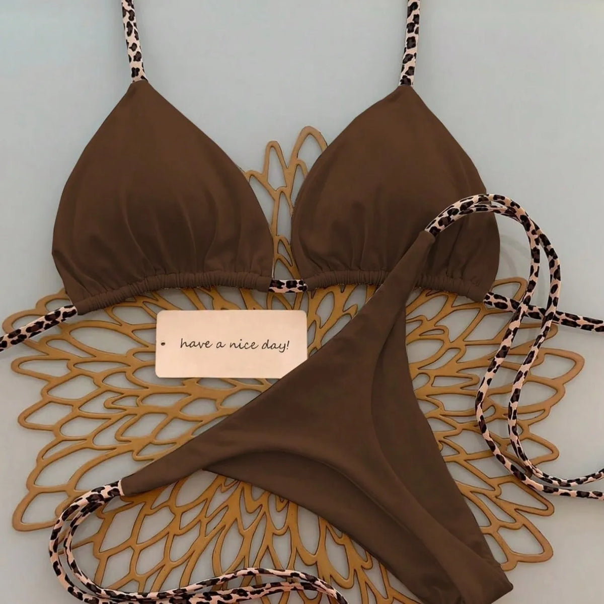 Sexy Bikini Women's Swimsuit Strap Halter Neck Triangle Cup Beachwear Pure Color Cheeky Two Piece Swimsuits Bathing Swimwear