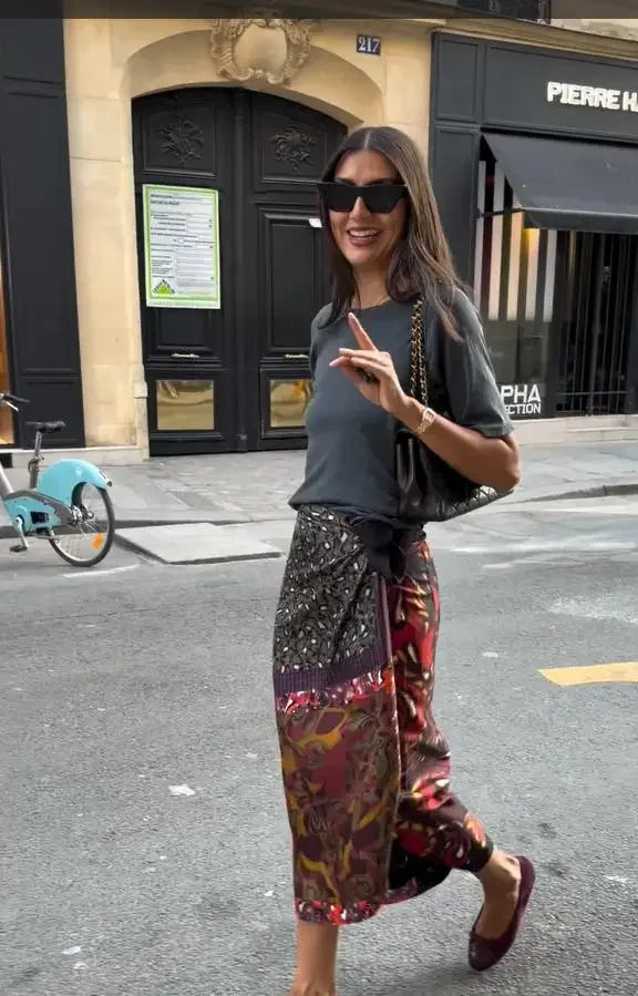 Gonna midi avvolgente da donna con stampa boho, in raso, a vita alta, con spacco, ampia e lunga, nuova collezione estate 2026, abbigliamento da strada per le vacanze.
