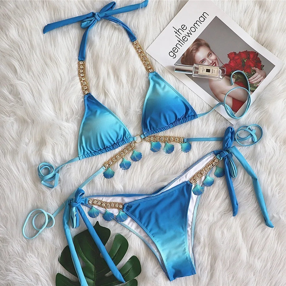 nuovo costume da bagno in due pezzi con strass 2026 cristallo di lusso perizoma Sexy perizoma Bikini Set costumi da bagno da donna costume da bagno Sexy da spiaggia