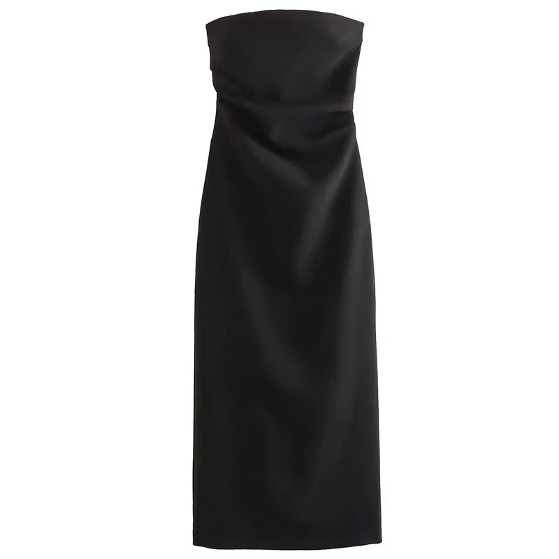 HXAO 2025 Abiti senza spalline da donna Estate Off White Nero Abito bianco Midi Increspato con spalle scoperte Abito senza schienale Abiti da ballo 066