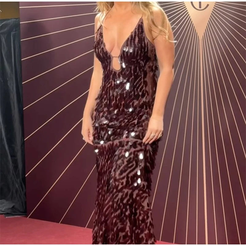 Abito lungo da donna con paillettes Abito lungo con scollo a V Solido Backless Vita alta Abiti senza maniche 2025 Moda Nuova estate Lady Party Robes