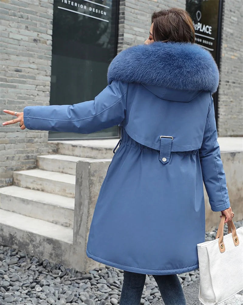 Giacca Invernale 2026 Nuova Parka da Donna Cappotto Lungo con Fodera in Lana Giacca con Cappuccio Collo in Pelliccia Spessa e Calda Abbigliamento da Neve Parka Imbottito 6XL