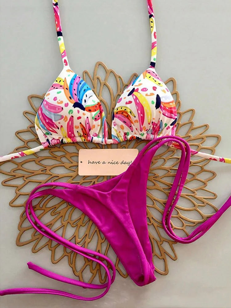2025 Neuer sexy Damen-Bikini-Set – tropischer Fruchtdruck Strand-Badeanzug High-Waist Bademode Zweiteilige Bademode für den Urlaub