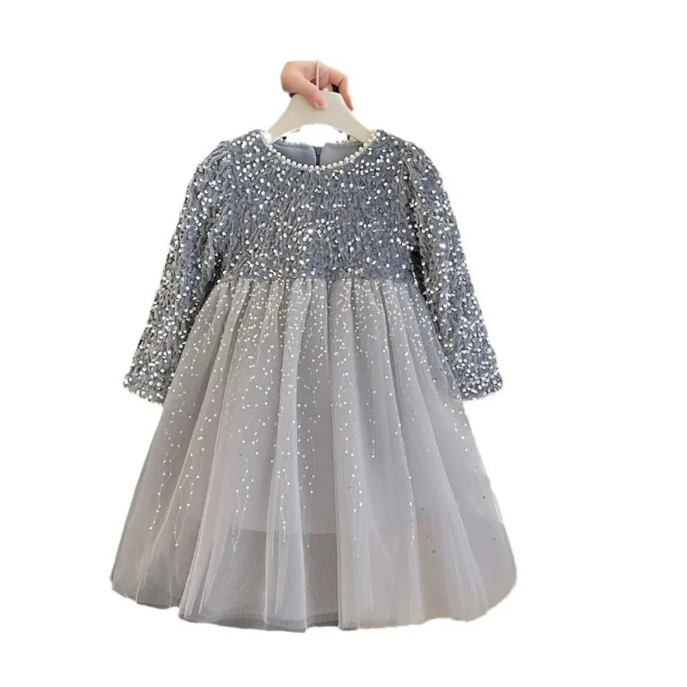 Abiti da ragazza Moda autunnale Nuova maglia patchwork con paillettes Abito da principessa a maniche lunghe Tinta unita Abbigliamento per bambini di Capodanno