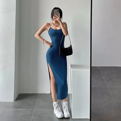Rimocy Abito lungo sexy con spacco alto per donna Abito estivo aderente senza maniche senza schienale Donna Vacanza Spiaggia Abiti con cinturino per spaghetti