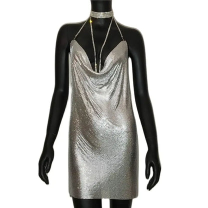AKYZO Mini abito patchwork con paillettes dorate sexy Donna senza maniche Taglio basso Catene di metallo Halter Slim Abiti da festa da discoteca affascinanti
