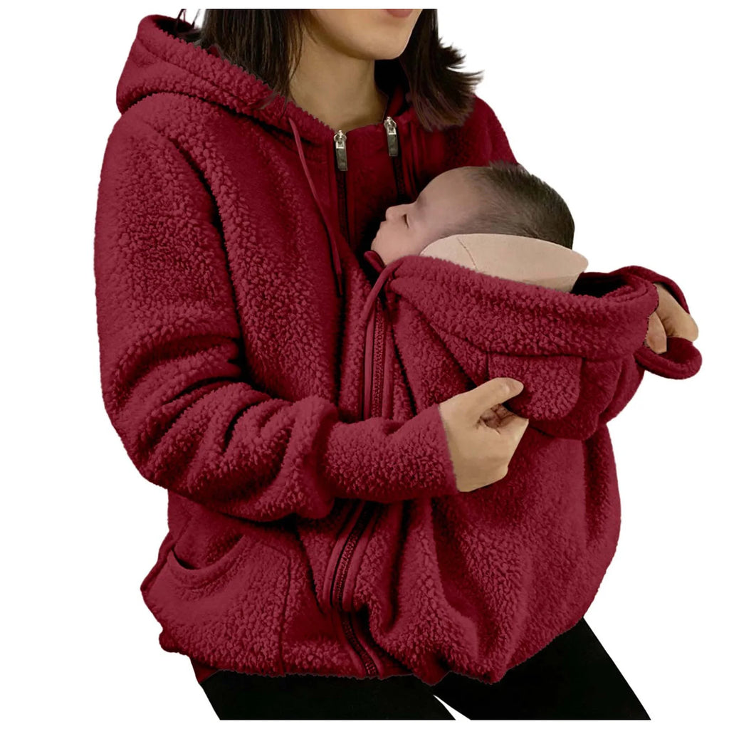 Cappotto con cappuccio in caldo pile 2 in 1 con marsupio Felpa in peluche a maniche lunghe in pelliccia sintetica Giacca con cappuccio per mamma all'aperto Borsa per bambini