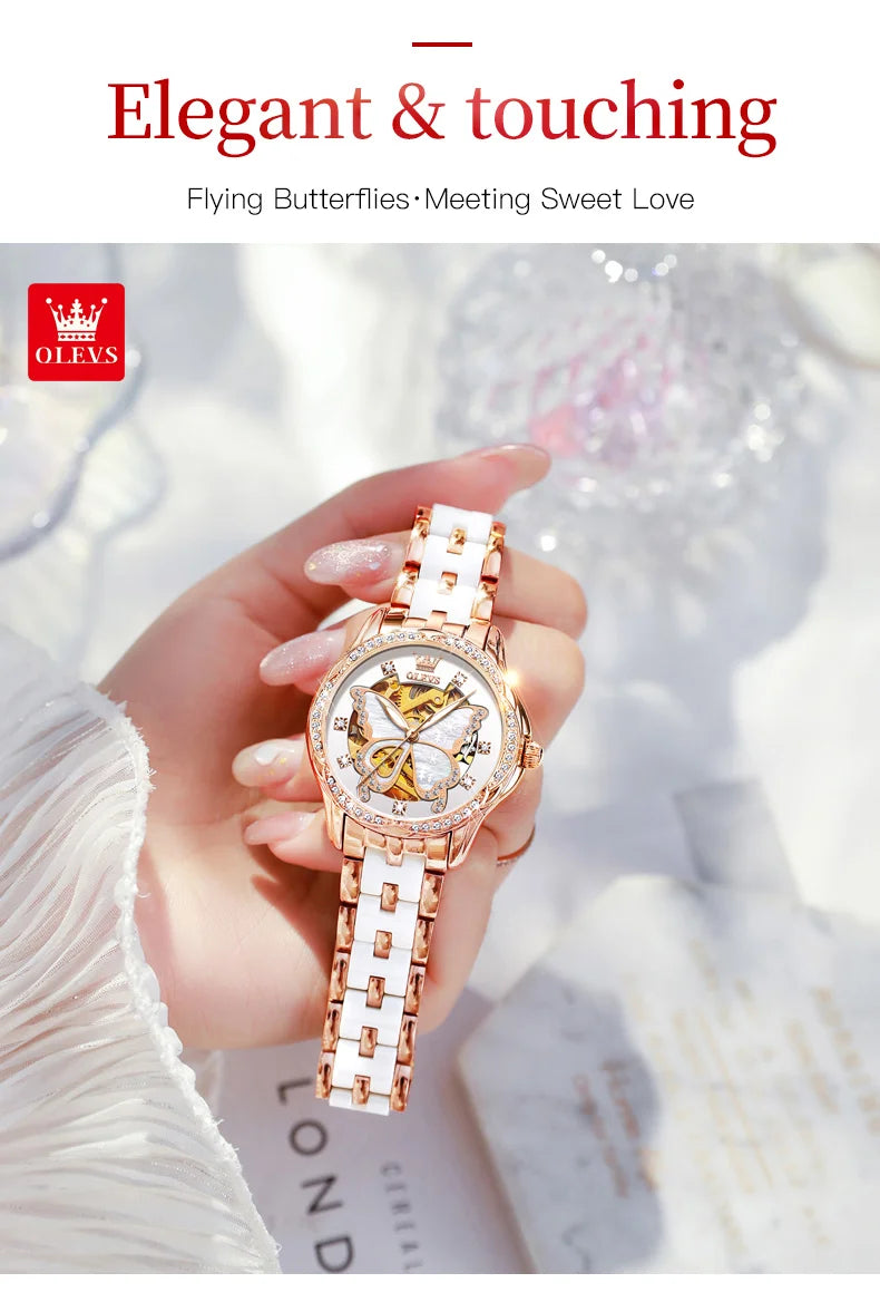 OLEVS 6622 Orologio da donna con quadrante a farfalla Orologio meccanico impermeabile di lusso per donna Orologio da polso automatico con cinturino in ceramica cava