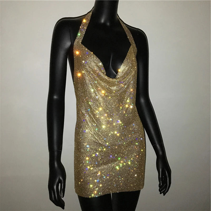 Mini abito sexy con scollo a V senza schienale per le donne Abiti da sera da club per feste con strass lucidi con scollo all'americana e spacco laterale