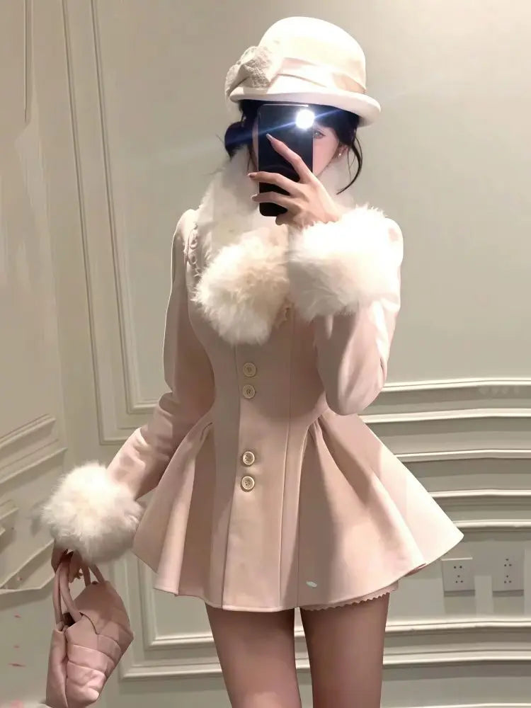 Cappotto Invernale in Lana Stile Hepburn con Collo in Pelliccia, Stile Francese Vintage, Taglio Slim, Lunghezza Media, Elegante, Caldo, Stile Lolita, Nuovo