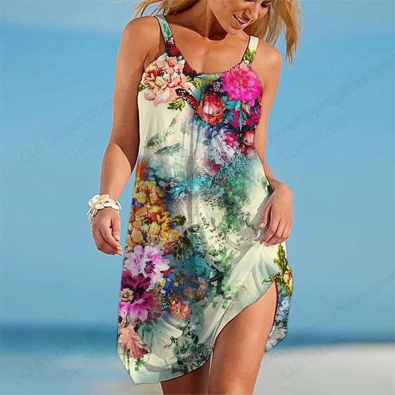 Abito da donna con cinturino da spiaggia elegante estivo senza maniche sexy bohémien con stampa floreale abito da sera per feste vestito estivo stile vintage