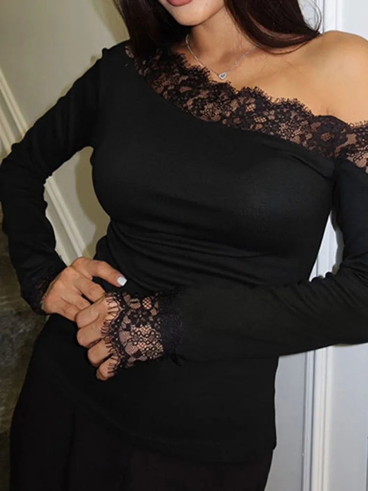 Top da donna con giunture in pizzo asimmetrico, moda casual, top autunnale, stile europeo americano, vita scoperta