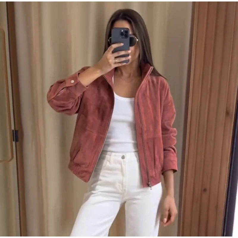 Giacca Bomber da Donna in Finta Pelle Scamosciata, Collo Alto, Chiusura a Zip, Spalle Cadenti, Orlo Elastico, Abbigliamento Casual Autunnale, Cappotto alla Moda 2026