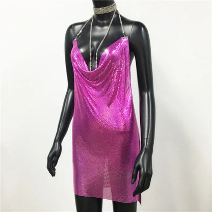 AKYZO Mini abito patchwork con paillettes dorate sexy Donna senza maniche Taglio basso Catene di metallo Halter Slim Abiti da festa da discoteca affascinanti