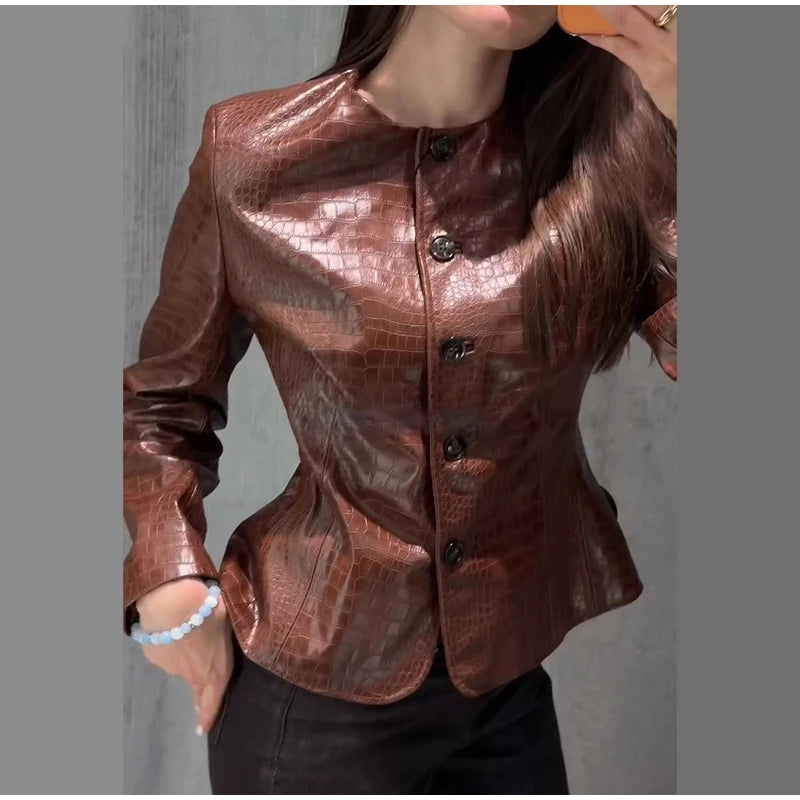 Giacca da donna in pelle PU tinta unita con colletto alla coreana e bottoni, cerniere, cappotto da donna, moda autunno 2026, capospalla femminile streetwear