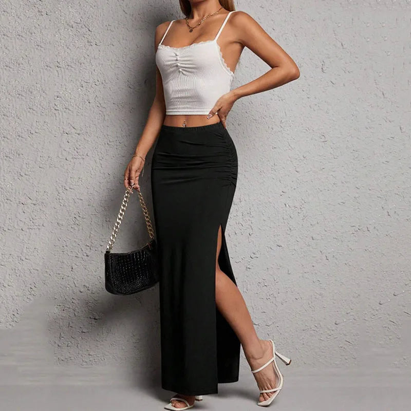 Lucyever Gonna aderente nera sexy per le donne Gonne lunghe eleganti con spacco laterale chic Donna Estate 2025 Nuove gonne longuette a vita alta