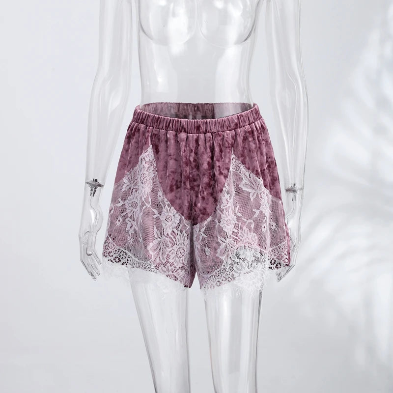 Pantaloncini Corti in Velluto con Inserti in Pizzo Sexy, Vita Alta Elastica, Mini Shorts Larghi da Donna, Nuova Collezione Estiva 2026, Streetwear Femminile