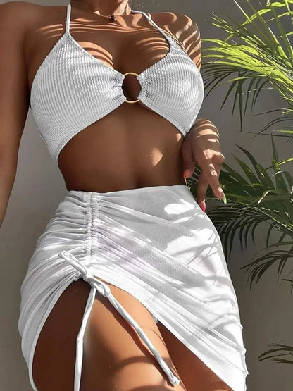 2025 New Sexy Solid Bikini Low Waist Three Pieces Swimsuit Women Brazilian Bandage Swimwear Female Beachwear Bathing Suit