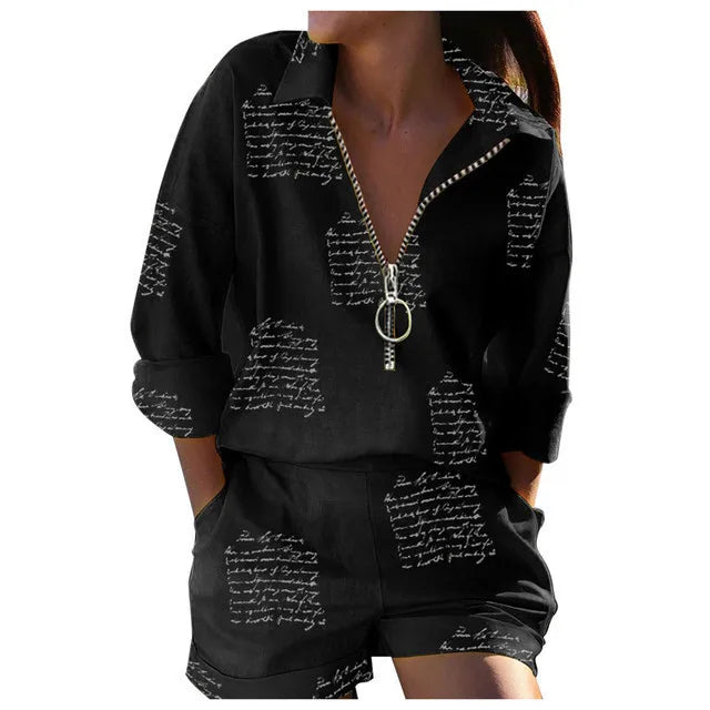 Camicie con stampa di lettere da donna estive Set da due pezzi Casual Collo rovesciato Manica lunga Camicette con cerniera Pantaloncini Abiti larghi Streetwear