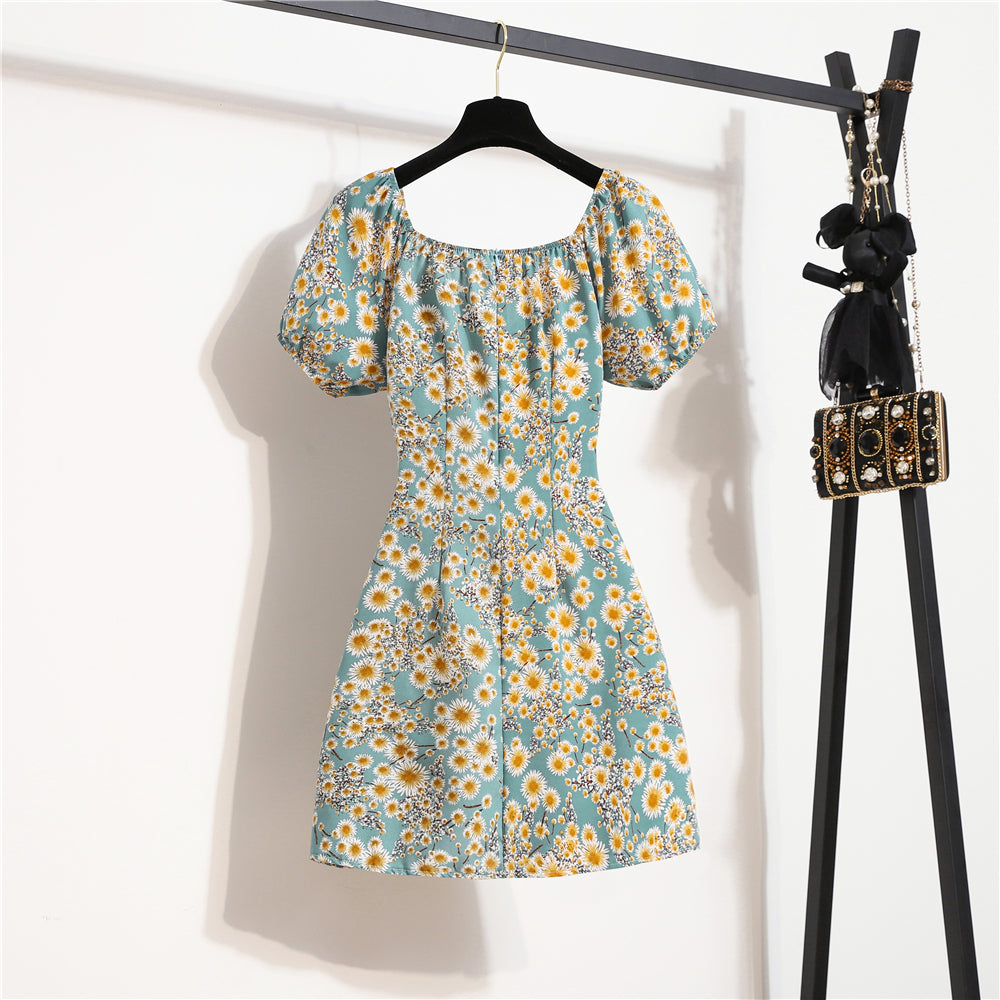 Mini abiti da donna Moda estiva Abiti femminili Stampa Abiti in chiffon floreale Abito casual con maniche corte a pieghe arricciate