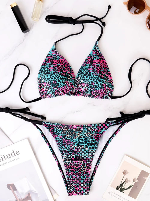 Zweiteiliges Damen-Bikini-Set mit Schlitz, sommerlich, mit Trägern und Schnürung, farbenfroher Tupfen-Print, Damen-Bikini, Strandurlaub-Badeanzug