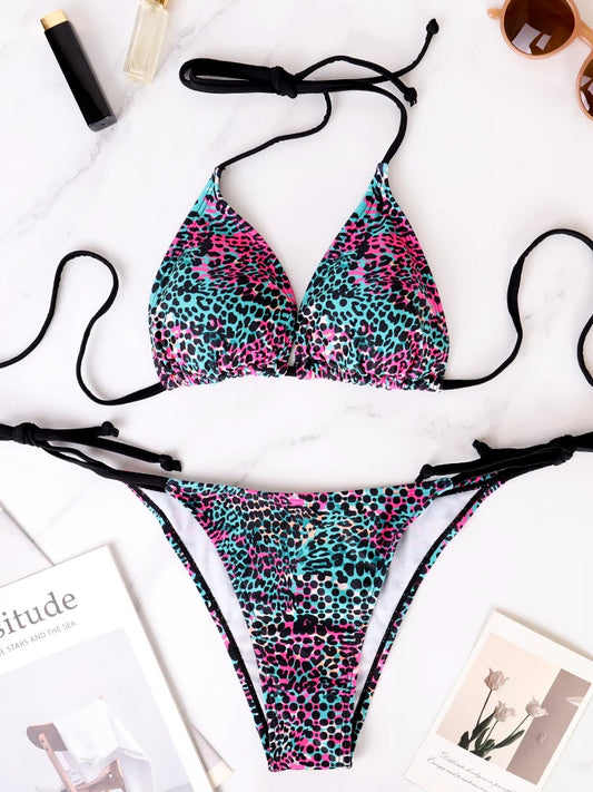 Zweiteiliges Damen-Bikini-Set mit Schlitz, sommerlich, mit Trägern und Schnürung, farbenfroher Tupfen-Print, Damen-Bikini, Strandurlaub-Badeanzug