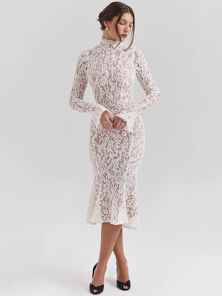 Abito longuette sexy a maniche lunghe in pizzo Mozision per donna Elegante abito lungo sexy da festa aderente a vita alta con collo a metà alto bianco