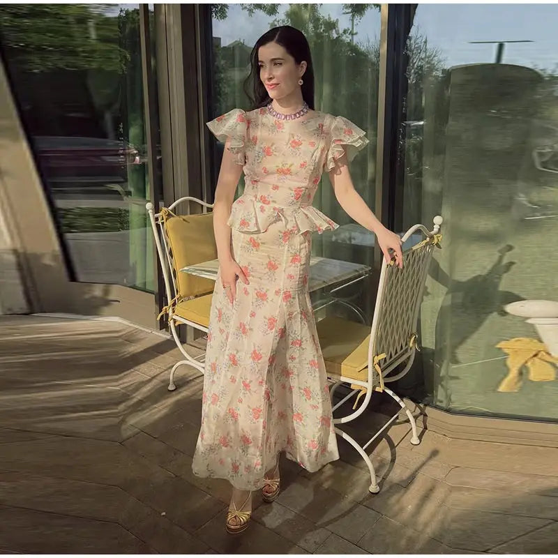 Abito Lungo da Donna con Stampa, Scollo a V, Maniche a Campana, Bordo a Foglia di Loto, Vita Alta, Vestito Maxi Aderente, Elegante Abito da Sera per Feste