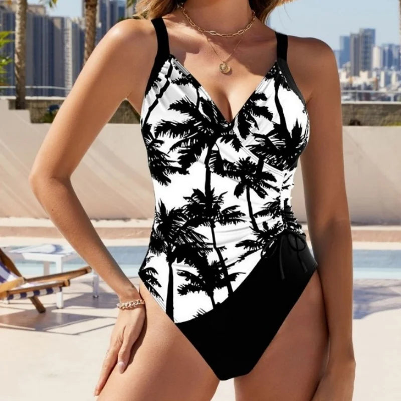 Printing V Neck Swimming Suit for Women Fashion Slim Side Drawstring Bathing Suit Bodysuit Female One Piece Swimsuit Beachwear