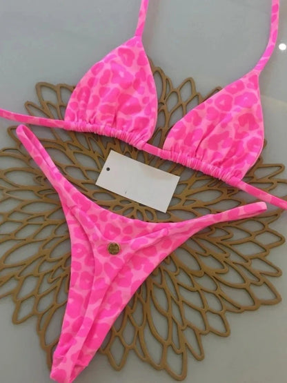 Summer Print Sexy Bikini Sets Halter Lace-up Tops Thongs Beach Style Bathing Suit Y2k Swimsuits Women Beachwear Fashion New