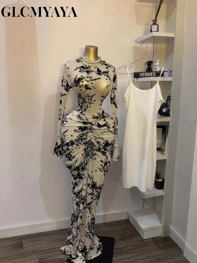 CM.YAYA 2025 Autunno Donna Manica lunga Maglia impilata Vedi anche con fodera Aderente Abito lungo da sera Compleanno Abiti da festa sexy