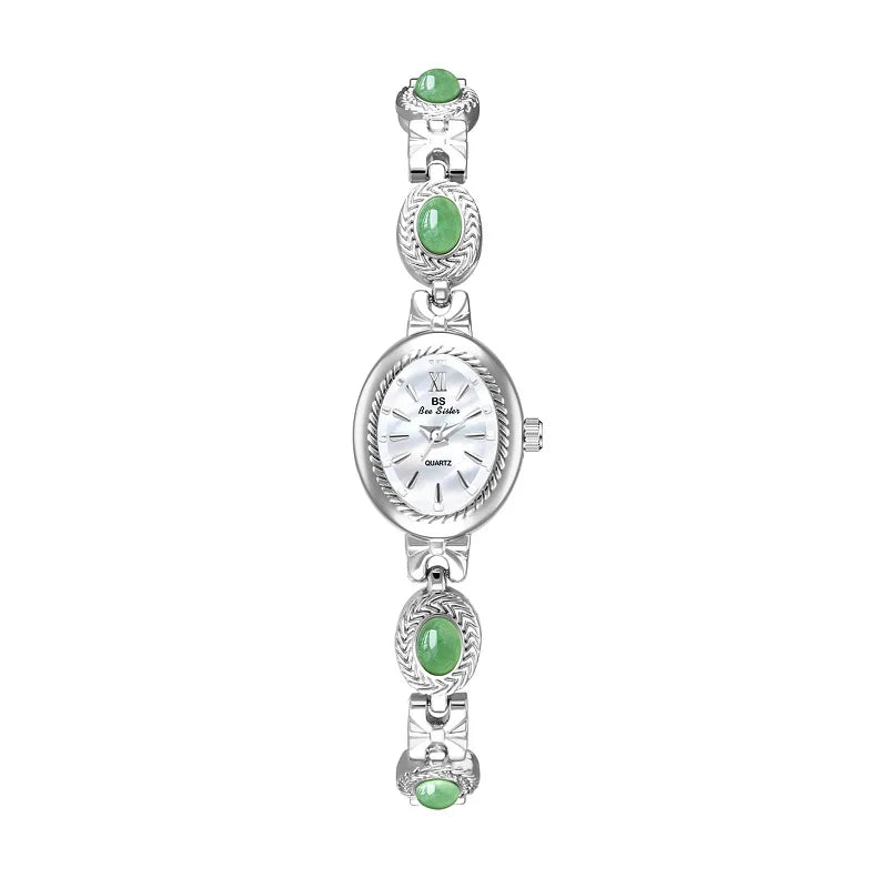 Orologio da donna Bracciale in giada naturale Vintage piccolo quadrante ovale Orologi retrò in oro Orologi da polso al quarzo da donna di marca di lusso Orologio regalo