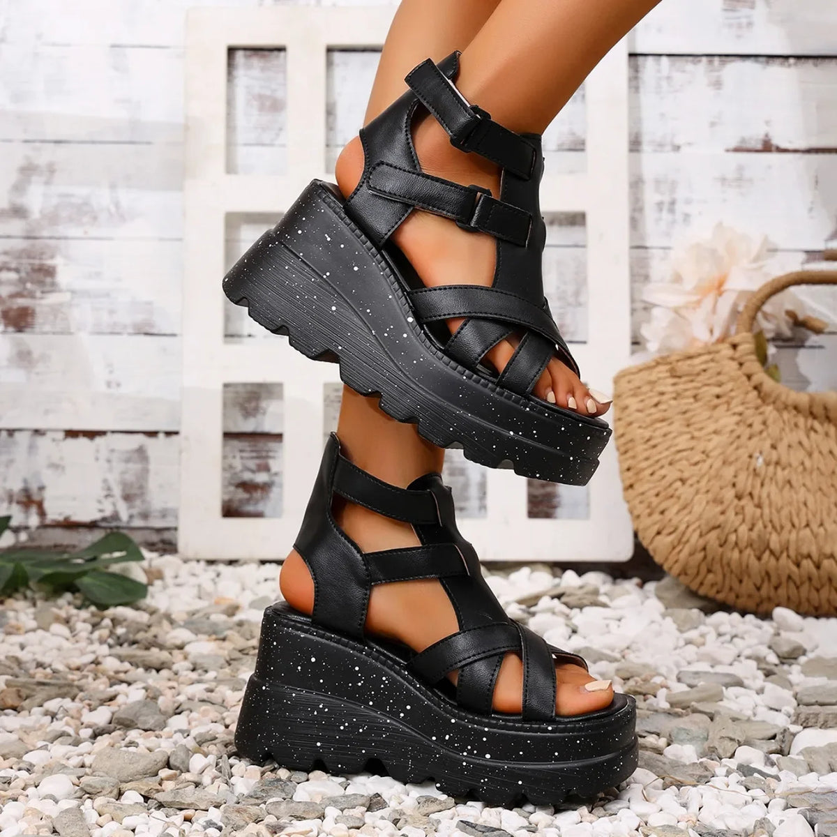 Sandali da donna Sandali da donna con plateau in pelle moda estiva Sandali gladiatore con tacco alto da donna Scarpe da donna con zeppa robuste per esterni
