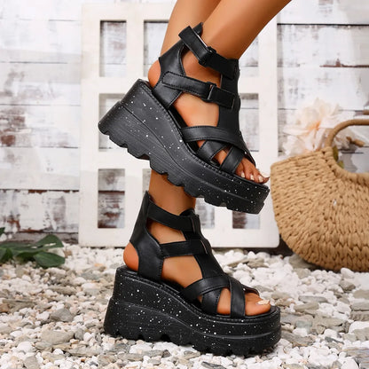 Sandali da donna Sandali da donna con plateau in pelle moda estiva Sandali gladiatore con tacco alto da donna Scarpe da donna con zeppa robuste per esterni