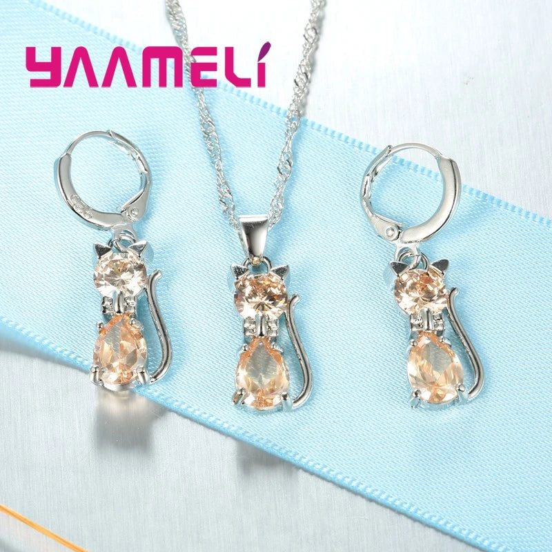 Set di gioielli in vero argento sterling 925 per donna ragazza brillante cristallo austriaco collana con ciondolo gatto carino orecchino Huggie