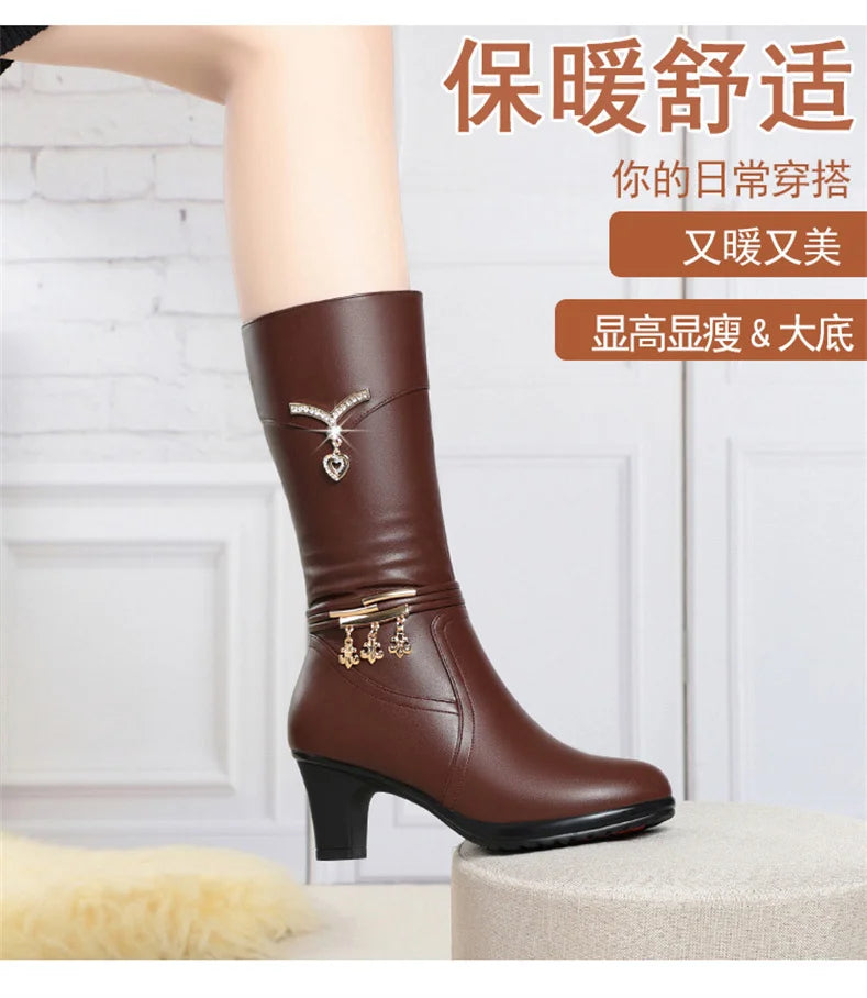 Women Comfortable Fleece Medium Boots Autumn Winter New Style Thick Heel Side Zipper Pointed Fashion High Heels Boots