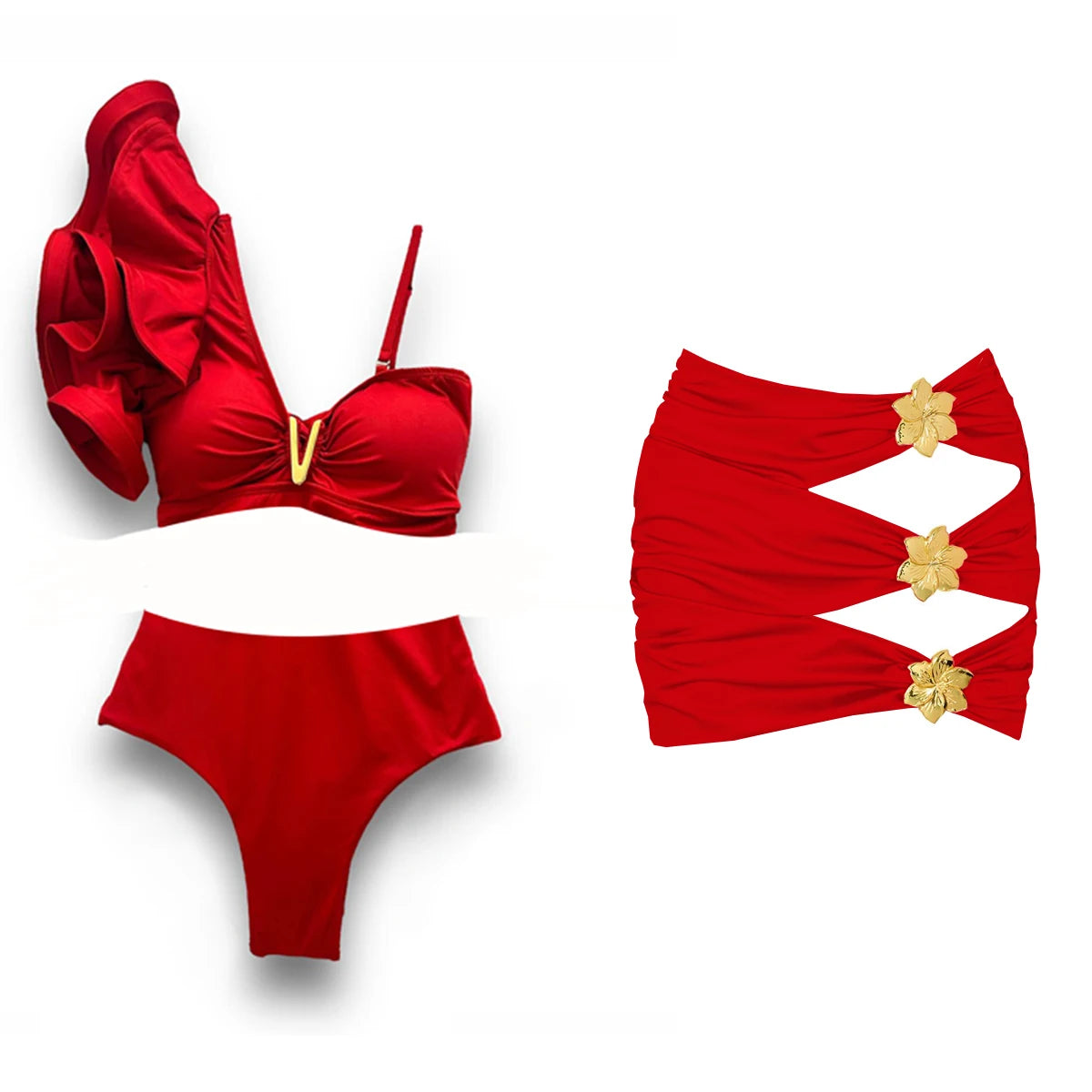 Bikini con scollo a V donna nuovo costume da bagno con volant bikini rosso set costumi da bagno con scollo all'americana biquini a gamba alta costumi da bagno da spiaggia a vita alta