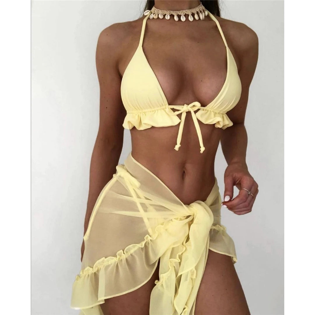 Nuovo con Sarong Halter Bikini arruffato costumi da bagno donna costume da bagno donna tre pezzi Bikini set bagnante costume da bagno Swim Lady K4144