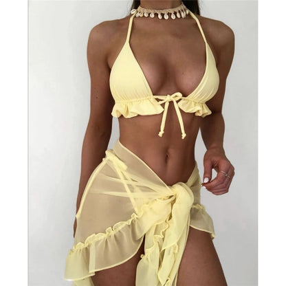 Nuovo con Sarong Halter Bikini arruffato costumi da bagno donna costume da bagno donna tre pezzi Bikini set bagnante costume da bagno Swim Lady K4144